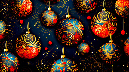 Bunch of christmas ornaments on black background with red and blue swirls.