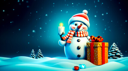 Snowman holding lit candle next to gift box in the snow.
