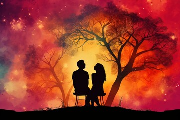 silhouettes of a couple standing together under a glowing tree