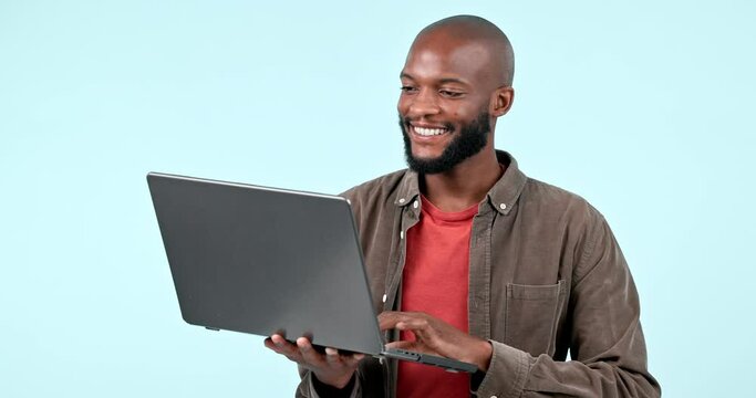 Laptop, website and black man with smile in studio for digital marketing, web design or creative search with internet. Computer, face and person for tech support, networking and research for work