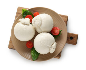 Plate of tasty Burrata cheese with basil and tomatoes on white background