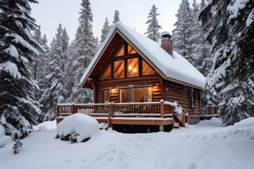 A cozy mountain cabin covered in snow