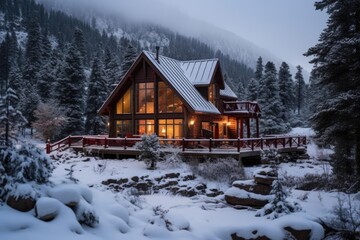 A cozy mountain cabin covered in snow