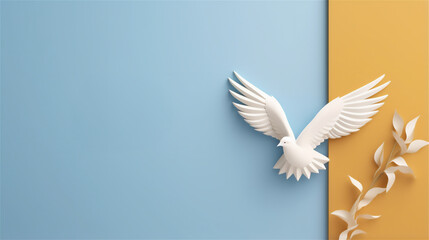 White bird flies on a blue and yellow background. International day of peace concept. 3D dove cut out of paper. Banner with space for text. AI.