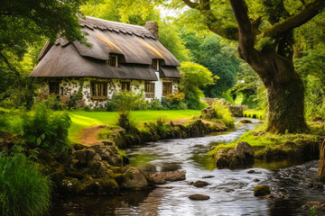 Fototapeta na wymiar Cottagecore styled house with thatched roof and nearby creek