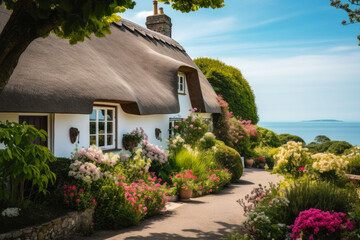 Fototapeta na wymiar Cottagecore styled house with thatched roof and beautiful garden on a sunny day