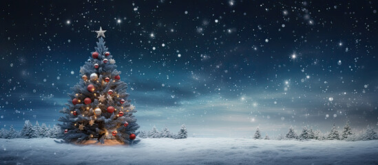 árbol de navidad con bolas iluminadas y estrella en su parte superior en paisaje nocturno nevado, con fondo desenfocado y bokeh