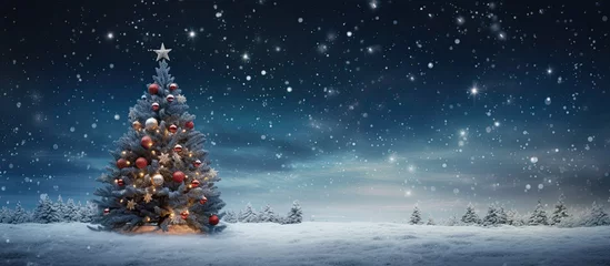 Papier Peint photo Blue nuit árbol de navidad con bolas iluminadas y estrella en su parte superior en paisaje nocturno nevado, con fondo desenfocado y bokeh