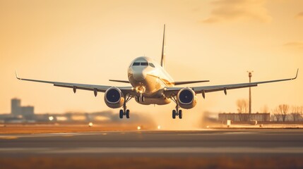 Fototapeta na wymiar A large passenger jet takes off down an airport runway at sunset
