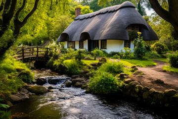 Cottagecore styled house with thatched roof and nearby creek