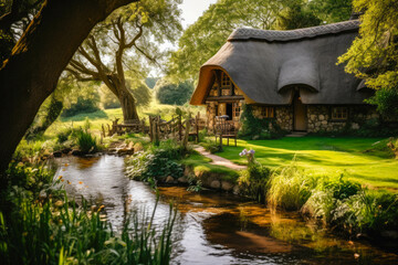 Obraz premium Cottagecore styled house with thatched roof and nearby creek