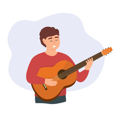 A young guy plays the guitar.
 The musician sings solo. Vector flat graphics.