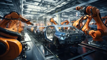 Robotic assembly line in an automotive factory. Generative AI