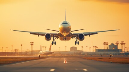 Fototapeta na wymiar A large passenger jet takes off down an airport runway at sunset