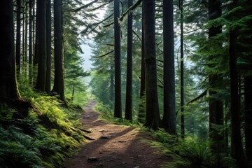 A serene mountain trail winding through a forest of tall trees