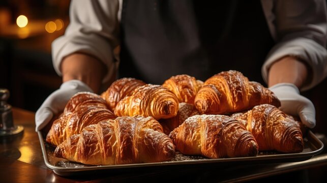 baker holding a metal tray full of fresh croissants