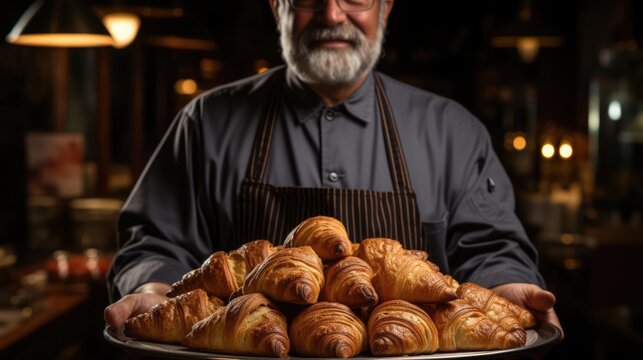 baker holding a metal tray full of fresh croissants