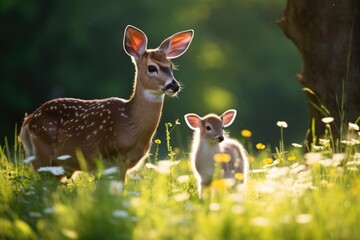 Deer and rabbit grazing together in a meadow