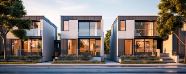 Modern modular private townhouses. Residential minimalist architecture exterior. A very modern neighborhood, late afternoon or morning shot