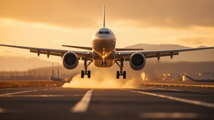 A large passenger jet takes off down an airport runway at sunset