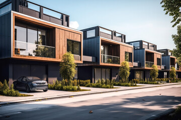 Modern modular private townhouses. Residential minimalist architecture exterior. A very modern neighborhood, late afternoon or morning shot