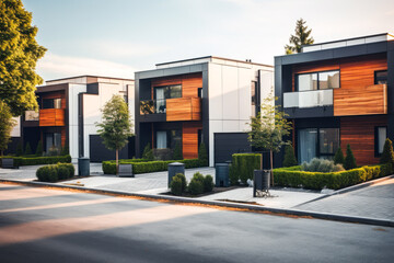 Modern modular private townhouses. Residential minimalist architecture exterior. A very modern neighborhood, late afternoon or morning shot