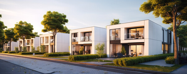 Modern modular private townhouses. Residential minimalist architecture exterior. A very modern neighborhood, late afternoon or morning shot