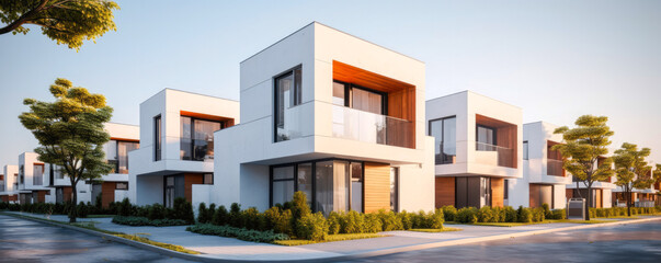Modern modular private townhouses. Residential minimalist architecture exterior. A very modern neighborhood, late afternoon or morning shot