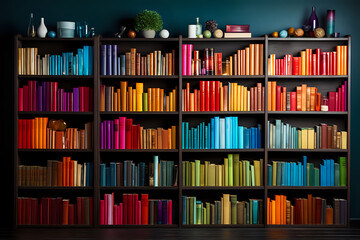 a bookshelf with colorful books, a wall-length shelf with paper books of all bright colors