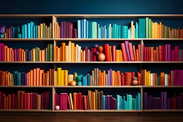 Fotobehang a bookshelf with colorful books, a wall-length shelf with paper books of all bright colors © Yuliia