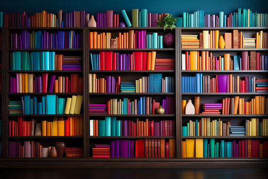 a bookshelf with colorful books, a wall-length shelf with paper books of all bright colors