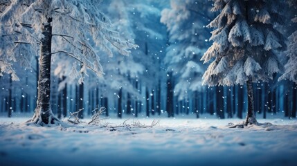 Frosty winter landscape in snowy forest Christmas background