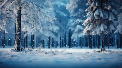Fototapeten Frosty winter landscape in snowy forest Christmas background © Fred