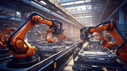 Robotic assembly line in an automotive factory. Generative AI
