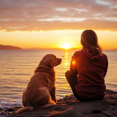 golden retriever puppy and its human companion enjoying a serene sunset together