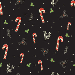 Seamless Christmas candy cane pattern with black background