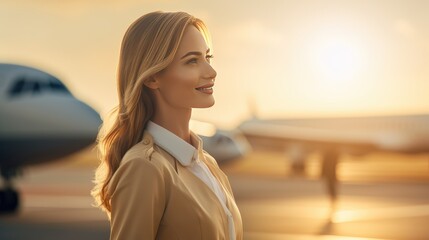 Portrait of a beautiful, sweet stewardess outside an airplane