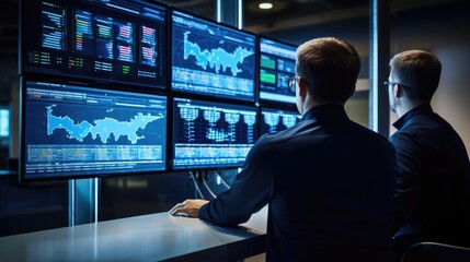 IT specialists in a data visualization room creating interactive dashboards