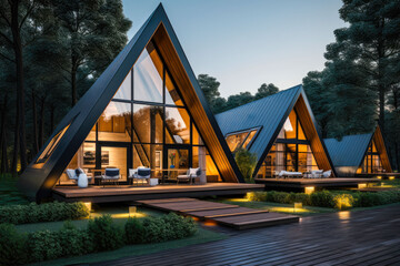 Modern residential suburban building A-frame architecture, a luminous triangular house with large windows at evening