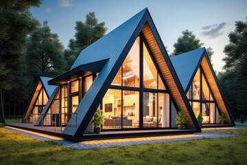 Modern residential suburban building A-frame architecture, a luminous triangular house with large windows at evening - obrazy, fototapety, plakaty