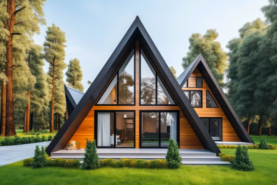 Modern residential suburban building A-frame architecture, a luminous triangular house with large windows