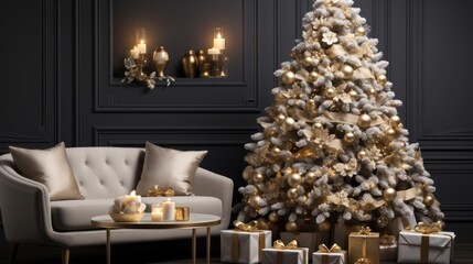 Obraz na płótnie Canvas Living Room with Soft Glow and a Majestic Christmas Tree 