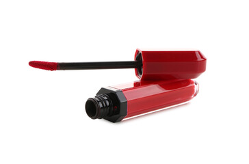 Naklejka premium Stylish red lipstick with brush on white background
