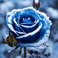 Rose flower covered by snow ice frozen. Generative AI illustration