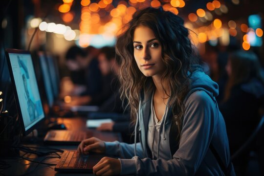 programmer In a coding bootcamp determined and innovative woman programs software