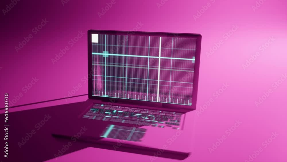 Wall mural two laptops with transparent screen frame, touchpad and keyboard rotation around in pink background.