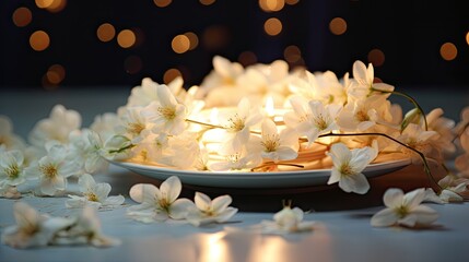 Jasmine flowers creating a tranquil atmosphere on a porcelain plate.