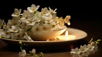 Obraz na płótnie Canvas Jasmine flowers creating a tranquil atmosphere on a porcelain plate.
