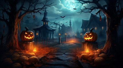 Halloween card in forest with wooden sign board   graveyard at night with pumpkins and skeletons - obrazy, fototapety, plakaty
