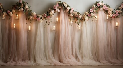 Vintage floral garlands draped elegantly over a satin canvas. Exclusive wedding, fashion event, luxury interior design. 